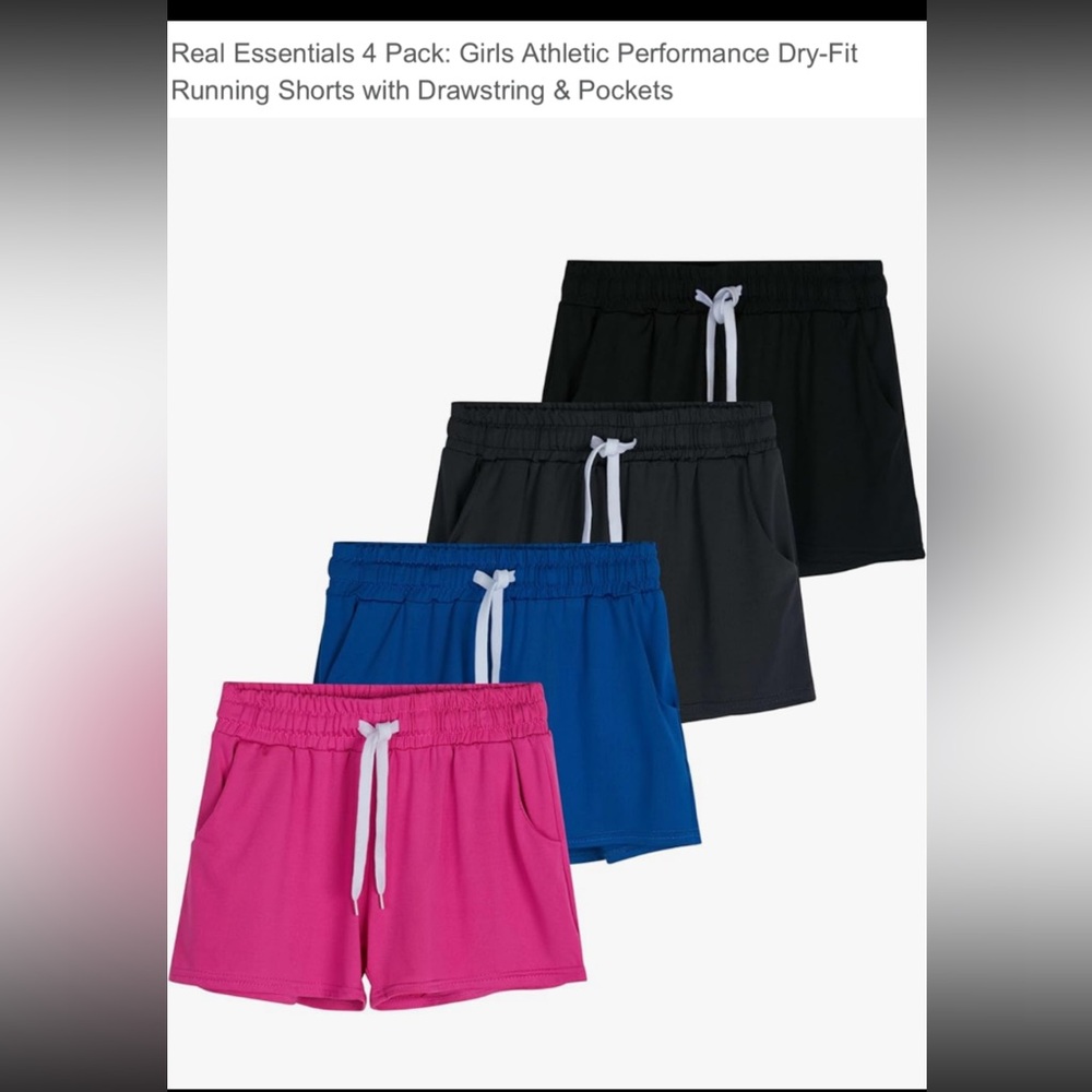 Real Essentials Girls' Athletic Shorts 4-Pack - Black, Gray, Blue, Pink